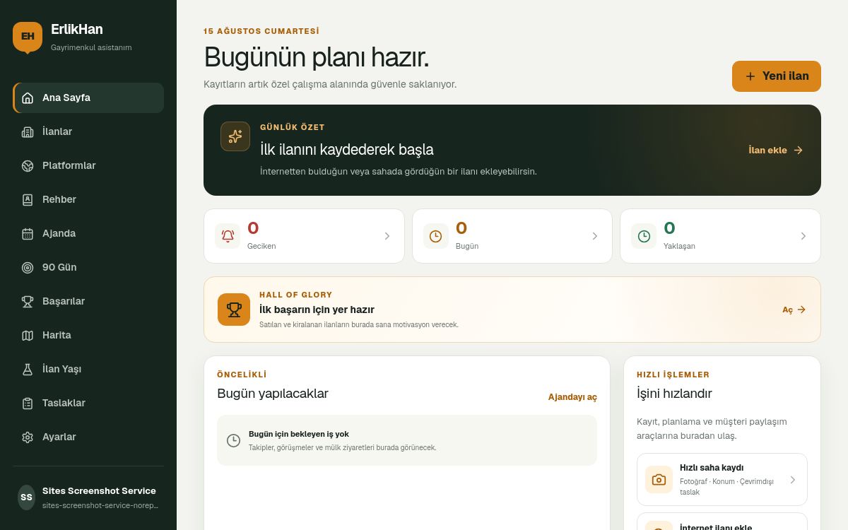 ErlikHan uygulamasının günlük gayrimenkul takip ekranı